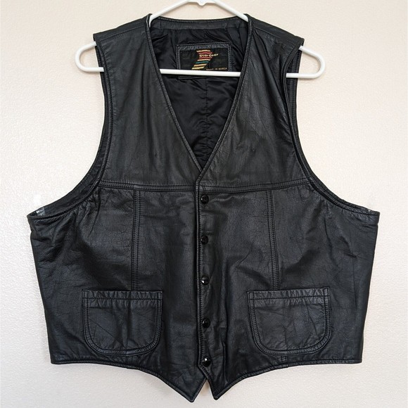 Vintage Star Gear Black Genuine Leather Vest Size 50 Motorcycle Cut - Picture 1 of 11